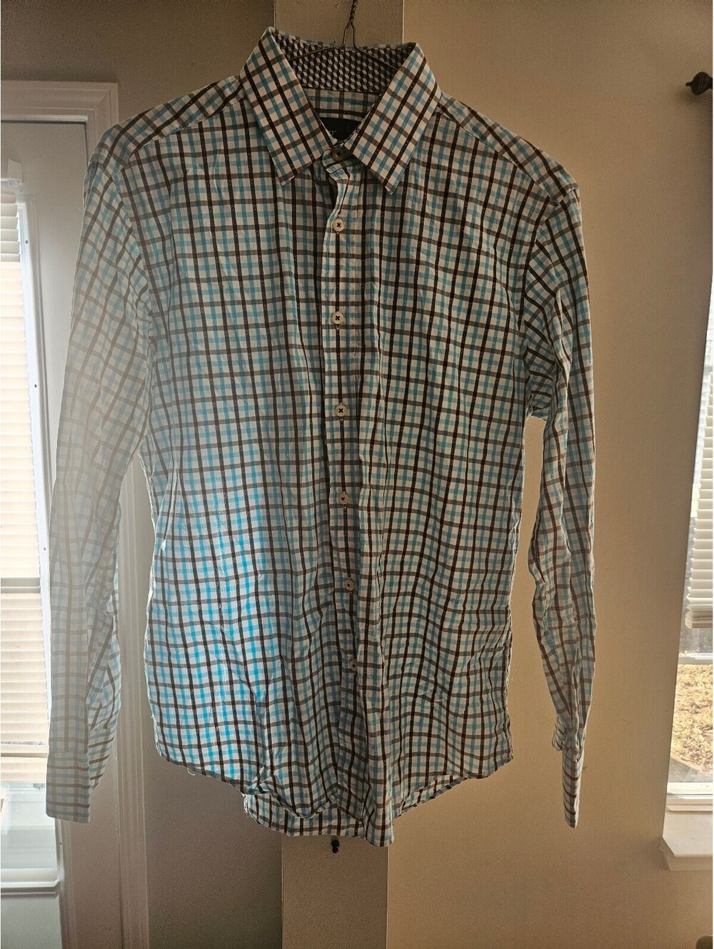 Quieti Men's Medium 100% Fine Cotton Plaid Button-Up Shirt